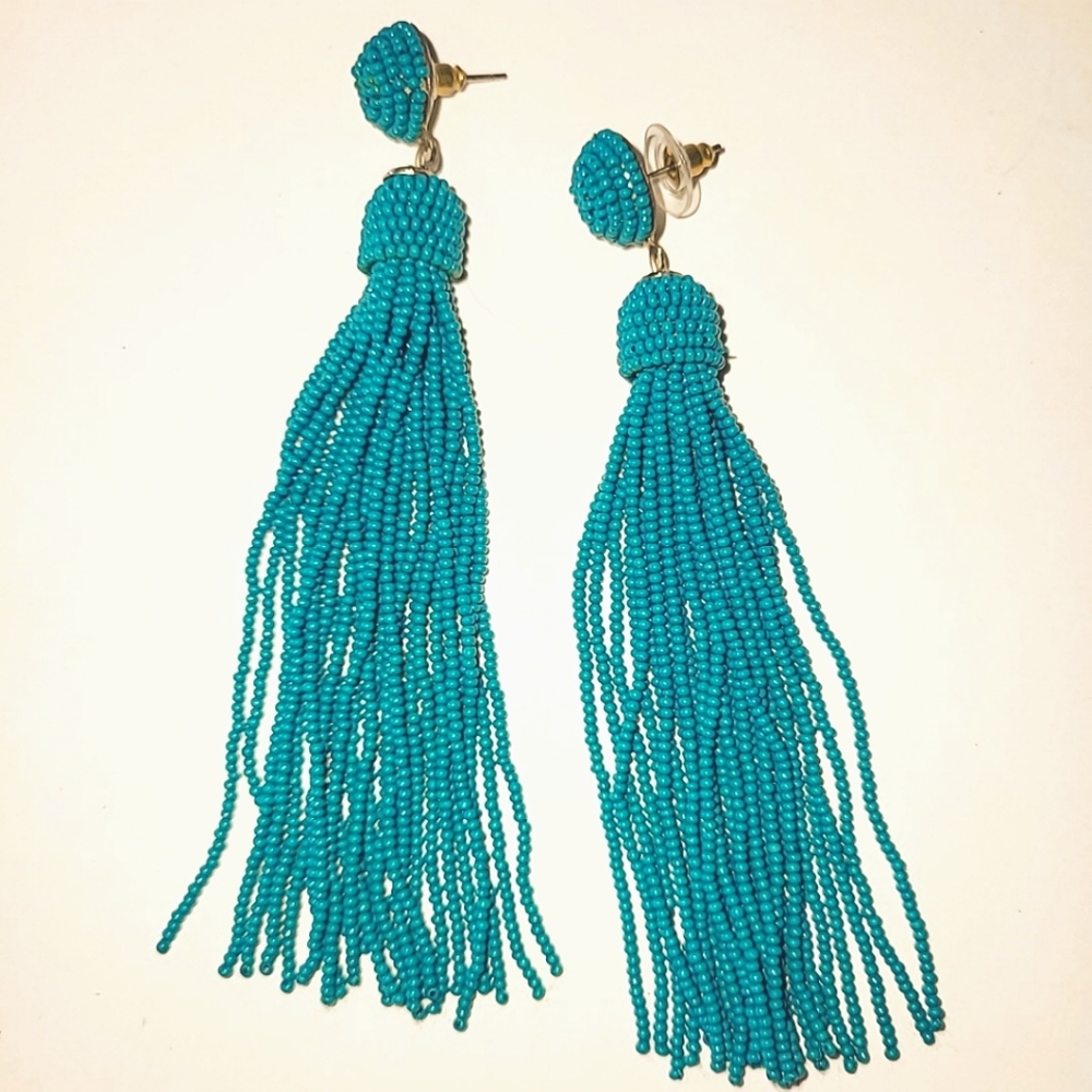 TURQUOISE MICRO BEAD TASSEL EARRINGS - 4" LONG
